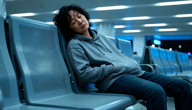 Tired asian traveler sleeping across metal seats under linear neon lights at night airport