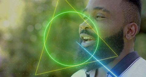 Singing mid-adult african american man projecting voice in park with neon hud overlay