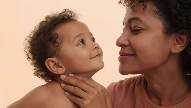 Mother cupping toddler's neck and sharing tender gaze, warmth and connection closeup