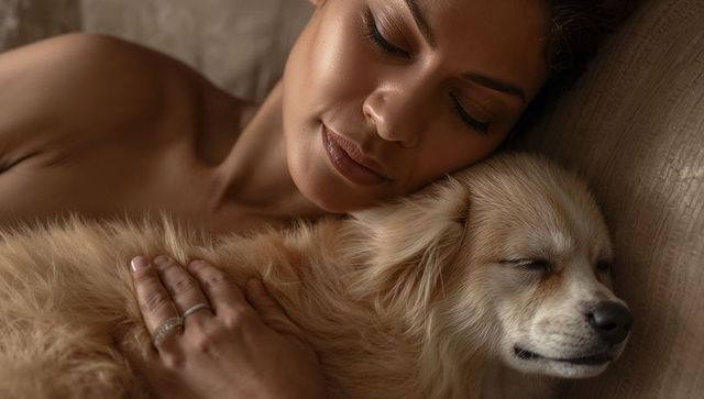 Reclining woman snuggling cream dog on bed embracing cozy intimate morning calm