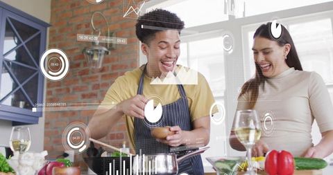 Couple cooking with augmented reality overlays cracking egg and chopping red pepper
