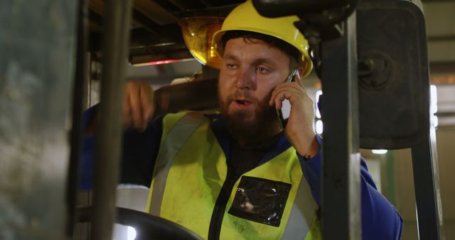 Construction Worker Communicating via Phone on Industrial Machinery - Download Free Stock Images Pikwizard.com