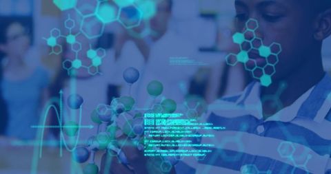 Diverse students exploring chemistry concepts overlaid by digital elements