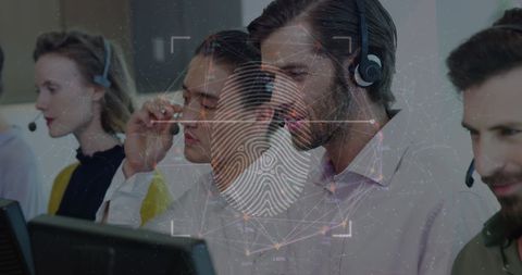 Diverse business team working on digital security with fingerprint interface