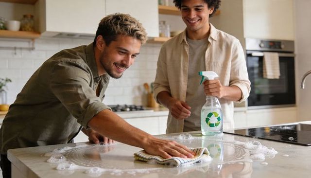 Couple cleaning modern kitchen island together using eco-friendly spray and cloth