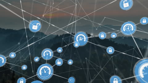 Digital Network Security Icons Over Scenic Mountain Landscape