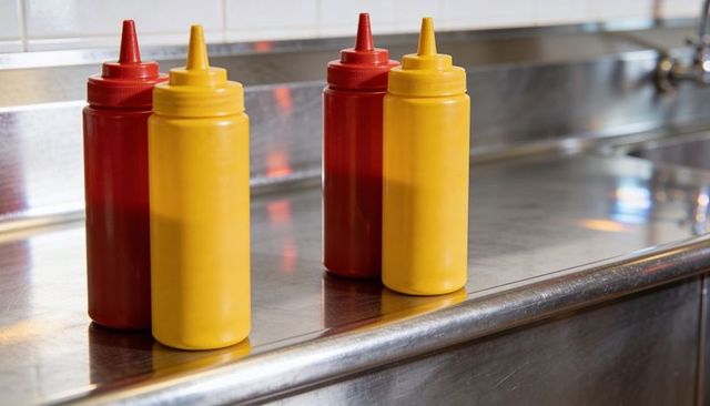 Ketchup and mustard squeeze bottles sitting on stainless counter in commercial kitchen