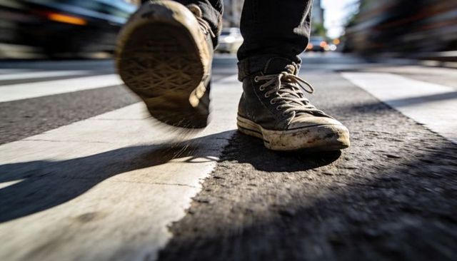 Worn canvas sneakers stepping across urban crosswalk, scuffed toe caps and motion blur