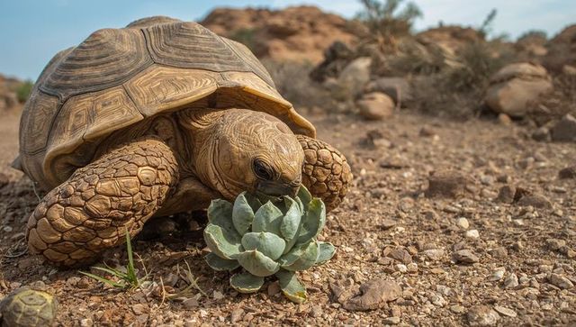 Large land tortoise nibbling rosette succulent in arid rocky desert landscape