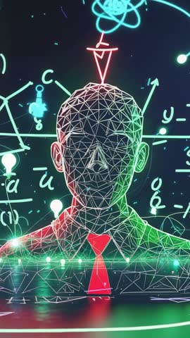Futuristic Wireframe Head in Suit Animating on Neon Grid with Floating Formulas