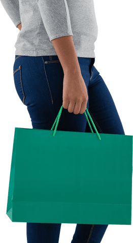 Midsection of woman holding green shopping bag on transparent background