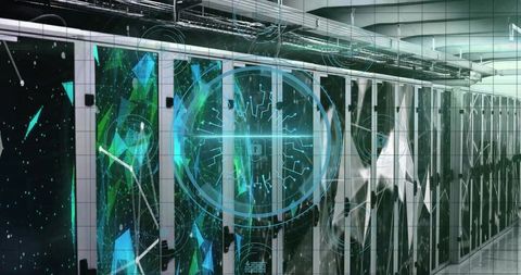 Futuristic Data Center Corridor with Circuit Patterns