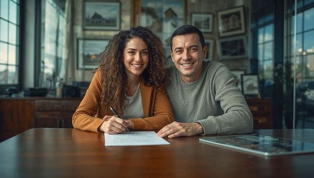 Happy Couple Signing Document in Modern Corporate Office