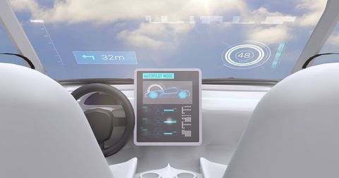 Futuristic car cockpit showcasing advanced virtual reality display. Details include digital navigation and performance metrics in Heads-Up Display (HUD) format. Ideal for illustrating concepts related to organic digital technology, autonomous vehicles, or virtual simulations.