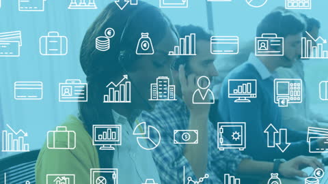 Customer Service Team Engaged with Digital Icons Overlay