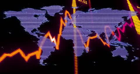 Featuring neon dotted world map with jagged orange trace moving across continents and yellow bars sliding to show live metrics. Dark backdrop and magenta highlights creating futuristic finance mood and high-tech data visualization vibe. Useful for financial broadcast intros, market analysis segments, corporate presentations, fintech website hero panels, social media promo clips, and explainer videos about global economy or trading. Recommend using as loopable background, overlaying lower third text or animated logo, matching color grade to brand palette, and adding subtle sound design for broadcast or online use.
