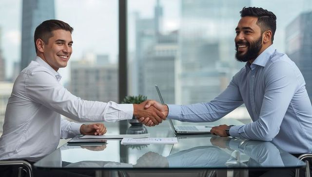 Shaking Hands Across Glass Table Smiling Businessmen Sealing Partnership