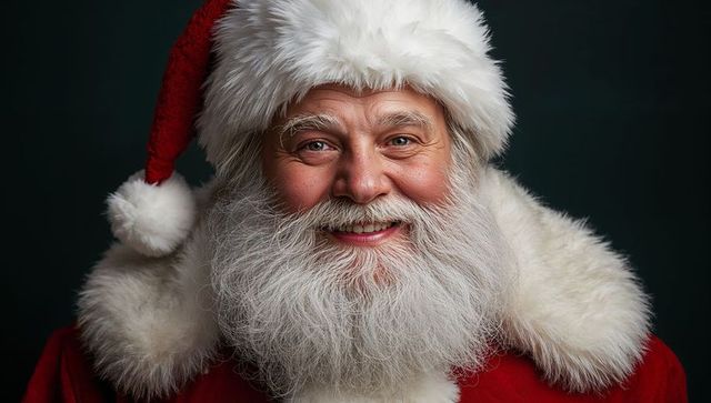 Jolly santa in festive attire with white fur trim