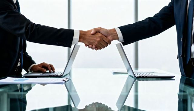 Two Executives Shaking Hands over Glass Table between Laptops Conveying Partnership Deal