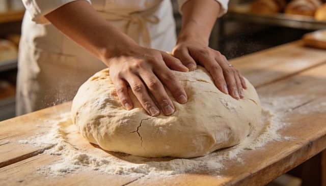 Hands Kneading Rustic Dough on Floured Wooden Bench in Artisan Bakery