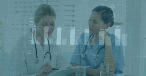 Medical team reviewing patient data with EKG overlays and collaborative chart analysis