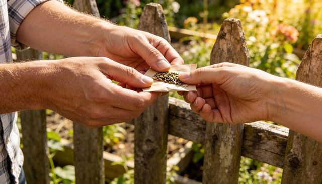 Neighbors exchanging seed packet over rustic wooden fence in sunlit community garden