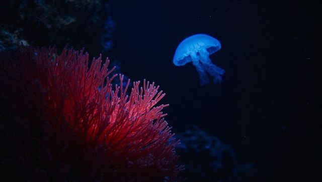 Enigmatic Jellyfish and Luminous Coral in Mysterious Underwater Realm