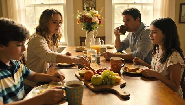 Family of four sharing sunlit breakfast at wooden table, children enjoying morning