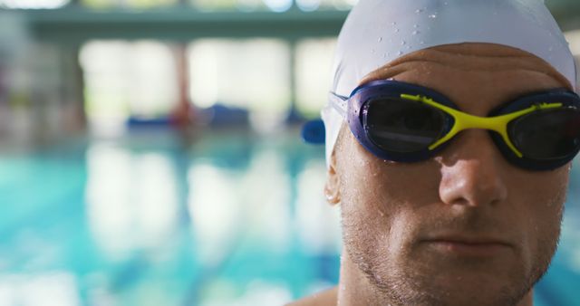 Focused Swimmer Wearing Swim Goggles and Cap at Indoor Pool - Download Free Stock Images Pikwizard.com