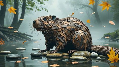 Fantasy leaf beaver amid autumn forest creek