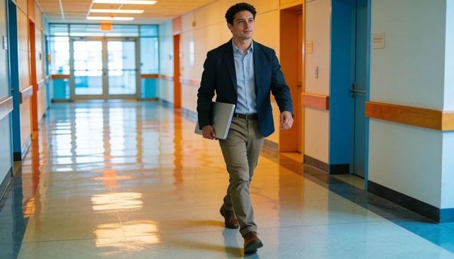 Business professional walking through clinic corridor carrying laptop on reflective floor