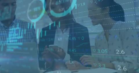 Team Collaborating with Digital Finance Charts Overlay