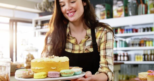 Young female pastry chef showcasing a beautifully decorated cake alongside vibrant macarons in a cozy bakery. Ideal for marketing materials for food businesses, bakery websites, pastry classes, or social media posts about dessert recipes and artisanal cakes.