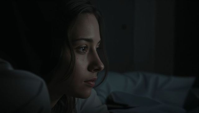 Young woman reclining gazing in dark bedroom moody cinematic low-light portrait