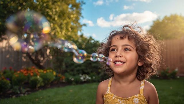 Smiling girl chasing soap bubbles in sunlit backyard garden during golden hour