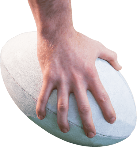 Close-up of hand gripping rugby ball with transparent background