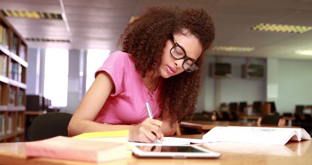 Young woman studying at table with notebook, tablet, and books, wearing glasses and pink shirt. Ideal for educational content, school and university promotional materials, academic success and motivation articles, and online study resources.