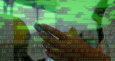 Hand Holding Smartphone Overlaying Digital Binary Code