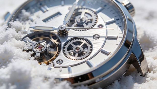 Glistening mechanical skeleton watch resting in snow with exposed gears and ruby jewels