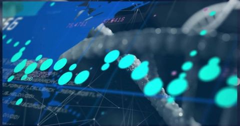 Neon dna helix visualizing genomic data with glowing cyan nodes and 3d network grid