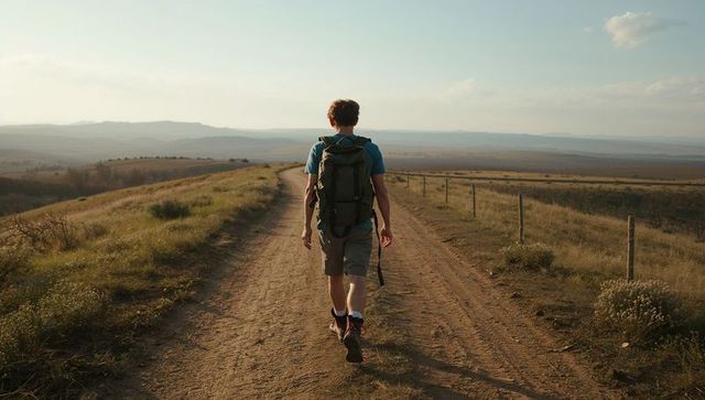 Solo hiker walking along dusty track through rolling grassland toward distant horizon
