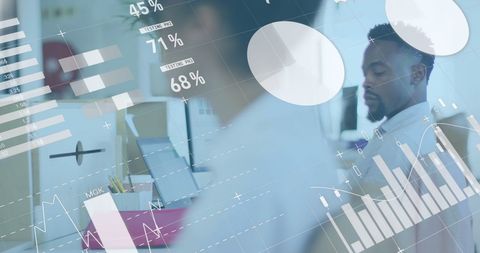 Business Team Analyzing Data with Graphic Interface Overlay