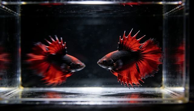 Crimson crowntail betta swimming, flaring black-edged fins with reflection in glass tank