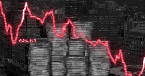 Digital rendering of declining financial graph overlay stacks of coins
