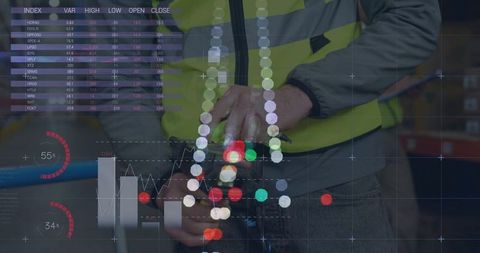 Warehouse worker interacting with financial data overlay