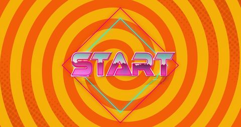 Retro Digital Start Text with Circles on Vibrant Orange Background
