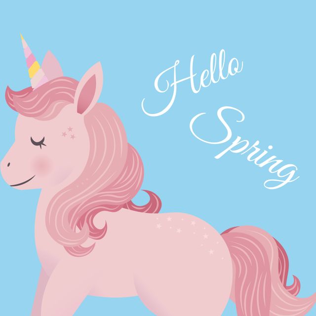 Perfect for greeting cards, seasonal announcements, or children's room decor. The whimsical unicorn and pastel colors bring a dreamy and joyful touch to any project celebrating the arrival of spring.