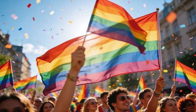 Sunlit pride parade waving large rainbow flags, confetti flying, joyful diverse crowd