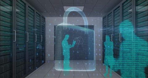 Digital Lock and Silhouetted Figures in Secure Server Room