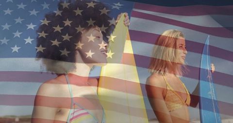 Young women holding surfboards on beach with American flag overlay celebrating summer